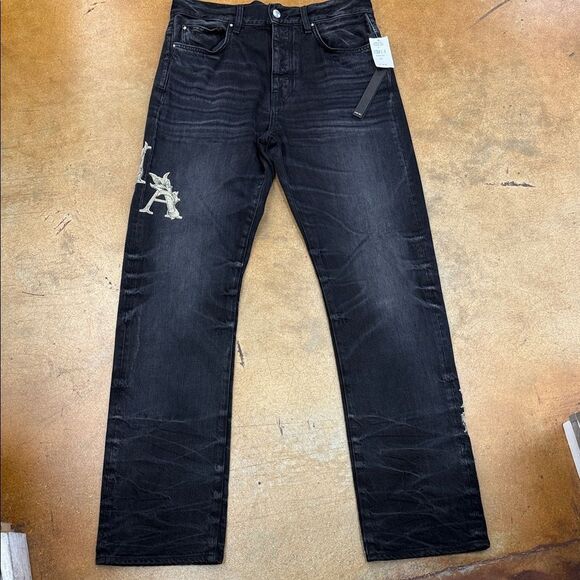 AMIRI Dark Straight Jeans with Embroidered Detail - Picture 1 of 12